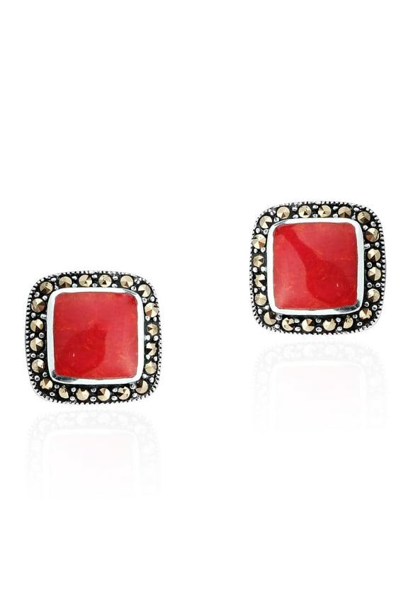 Fashionable Vintage Red Coral Square Marcasite Frame Sterling Silver Post Earrings