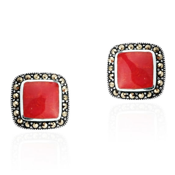 AeraVida Fashionable Vintage Red Coral Square Marcasite Frame Sterling Silver Post Earrings