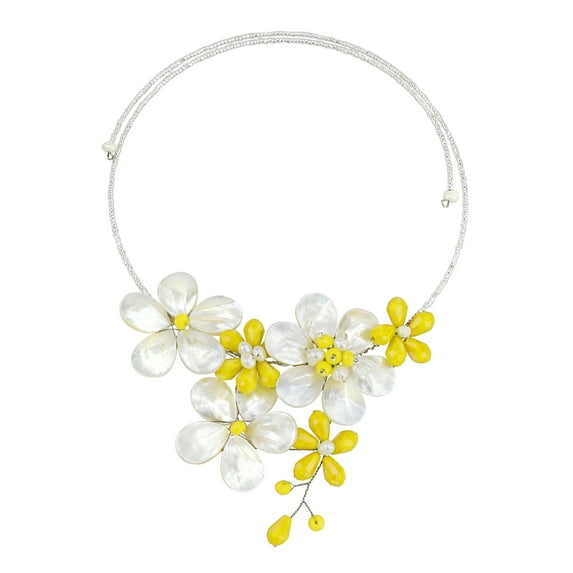 AeraVida Forest Statement Pearl Seashell Yellow Glass Beads Flower Garden Choker Necklace