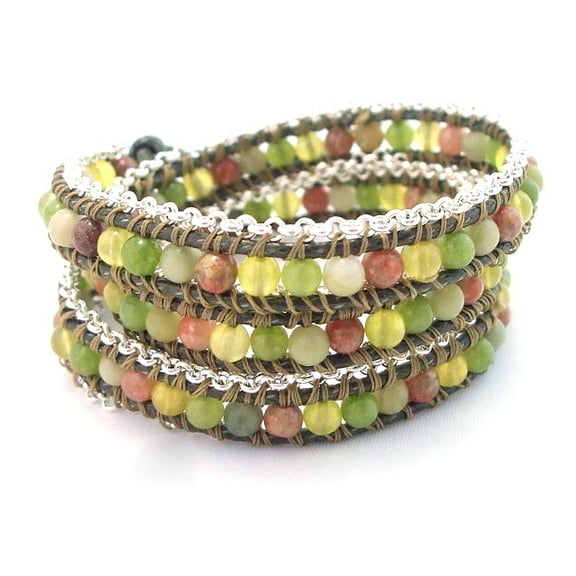 AeraVida Green Leather Mix Gemstones Chain Link Triple Wrap Bracelet
