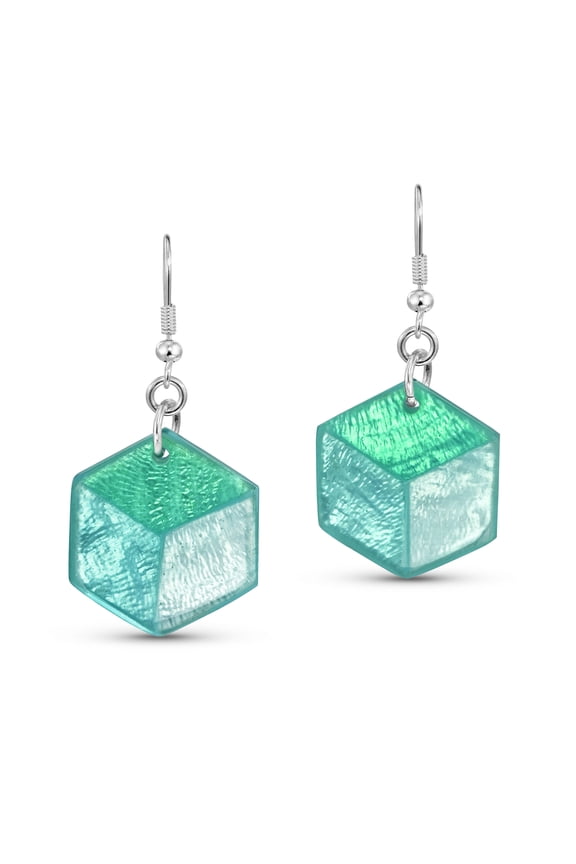 Green Tones Hexagon Shaped Capiz Shell 3D Cube Effect Dangle Earrings