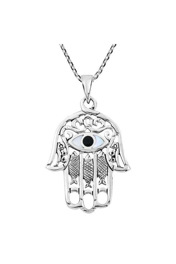Hamsa Hand of Fatima Evil Eye Protection Amulet Charm .925 Sterling Silver Necklace - 18 inch