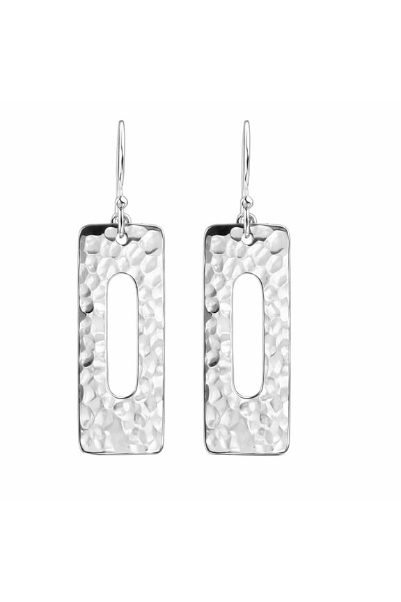 Handcrafted Tribal Chic Hammered Metal Textured Open Rectangular Shaped Sterling Silver Fish Hook Dangle Earrings Jewelry Gifts for Women