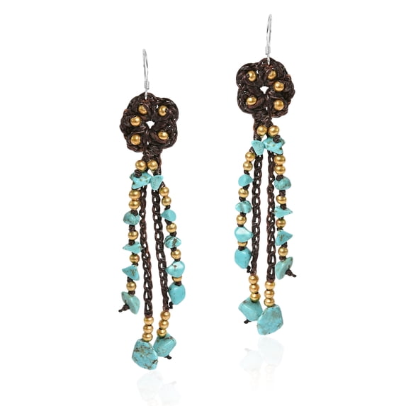 AeraVida Lovely Floral Rain Drops Blue Turquoise and Brass Tassel Dangle Earrings