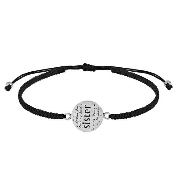 AeraVida Minimalist Casual 'Sister' Engraved Sterling Silver Charm on Black Rope Adjustable Bracelet