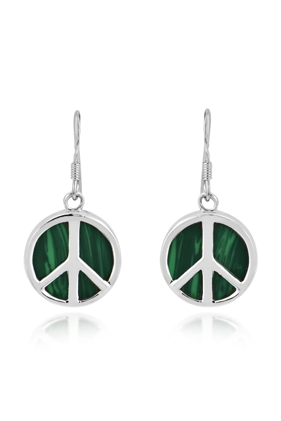Minimalist Peace Symbol Green Malachite Inlay Sterling Silver Dangle Earrings