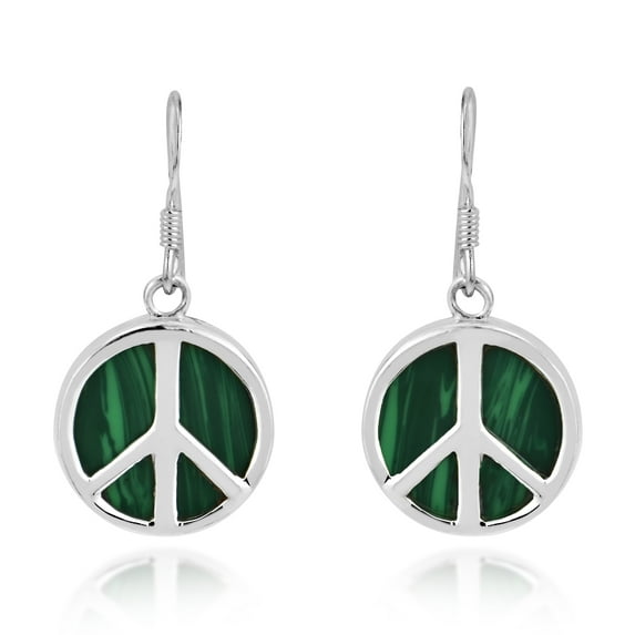 AeraVida Minimalist Peace Symbol Green Malachite Inlay Sterling Silver Dangle Earrings