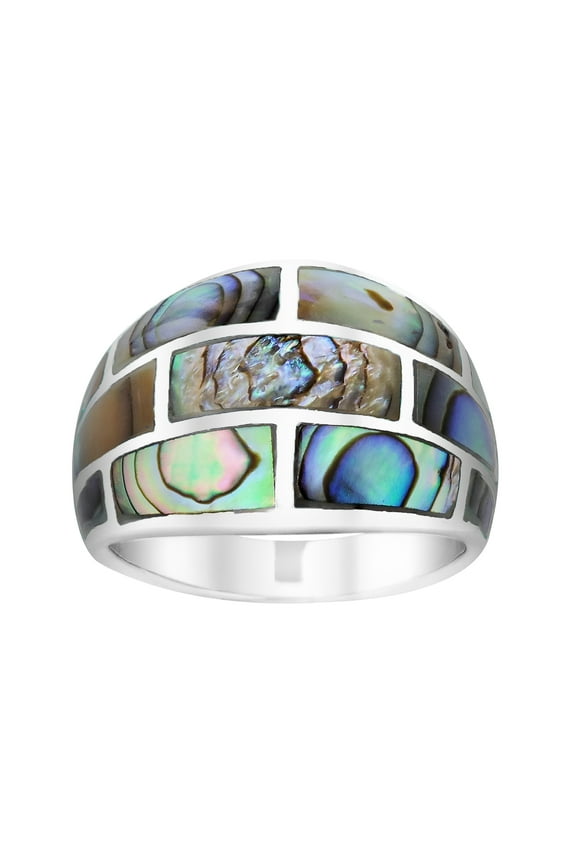 Modern Chic Brick Pattern Geometric Blocks Abalone Shell Inlay Ocean Beach Wear Sterling Silver Ring Vintage Inspired Everyday Wear Unisex Jewelry Gifts