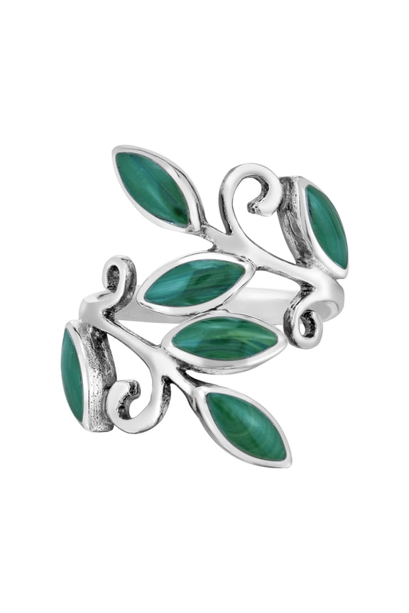 Mysterious Olive Leaves Green Malachite Wrap Sterling Silver Ring-7