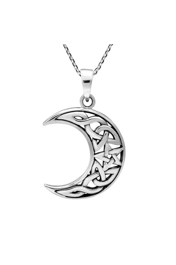 Mystical Celestial Night Sky Crescent Moon and Star with Celtic Knot Art .925 Sterling Silver Pendant Chain Necklace Unisex Jewelry Gifts