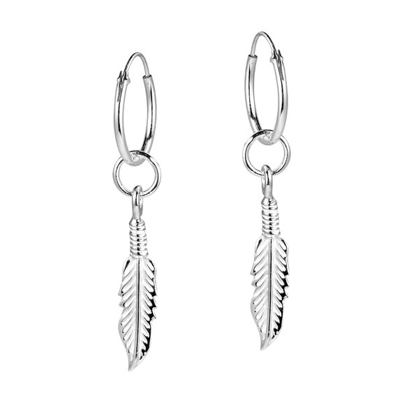 AeraVida Native Feather on Sterling Silver Unisex Hoop Dangle Earrings