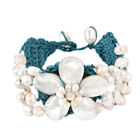 AeraVida Ocean Flower Seashell and Pearl Interwoven Blue Cotton Rope Toggle Bracelet
