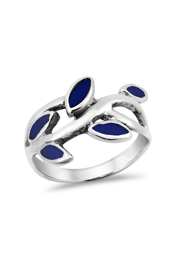 Olive Branch Leaves Wrap Simulated Blue Lapis-Lazuli Sterling Silver Ring-8