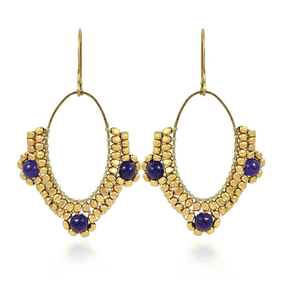AeraVida Oval Chandelier Beads and Amethyst Brass Dangle Earrings