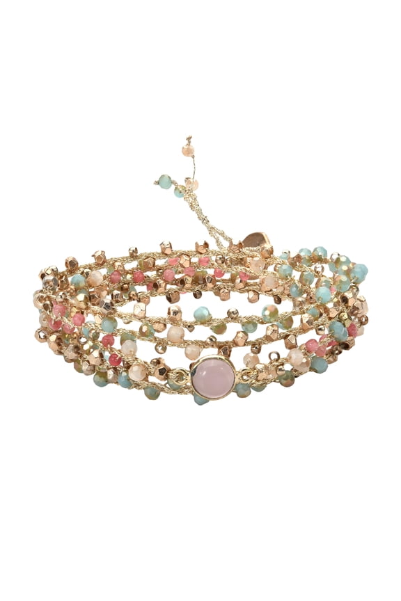 Pastel Chic Multi-Colored Stone and Crystal Beads on Silk Layered Wrap Bracelet