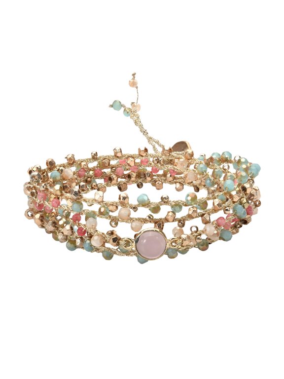 Pastel Chic Multi-Colored Stone and Crystal Beads on Silk Layered Wrap Bracelet