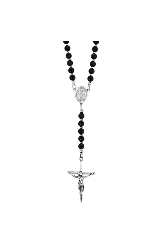Religous and Faith Christian Cross Catholic Rosary with Black Onyx Beads Sterling Silver Necklace Versatile and Meaninful Fashion Unisex Jewery Gifts