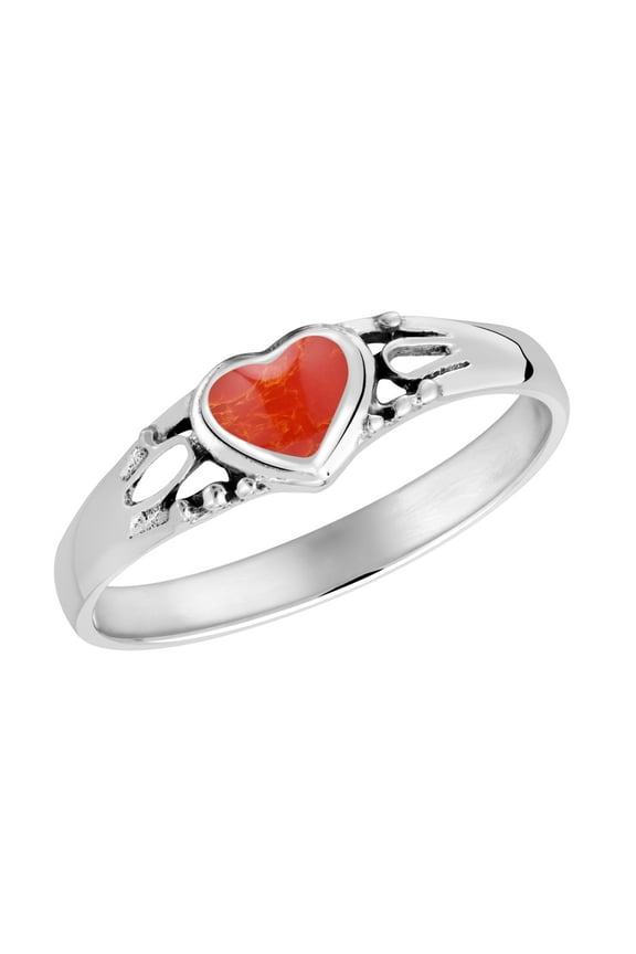 Romantic Heart-warming Love Red Coral Sterling Silver Band Ring-6