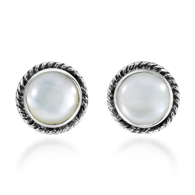 AeraVida Sterling Silver Dangle Earrings With White Mother Of Pearl - Handcrafted Round Vintage Style Earrings For Women