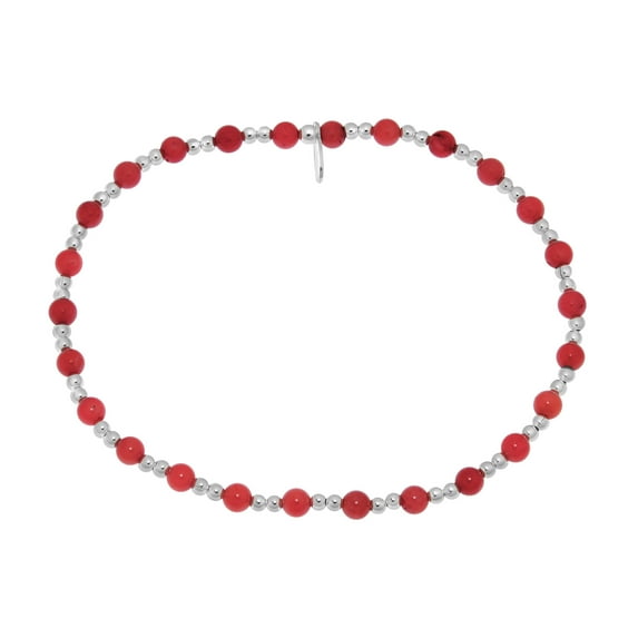 AeraVida Simple Chic Red Coral Beads and Sterling Silver Stretch Fit Bracelet