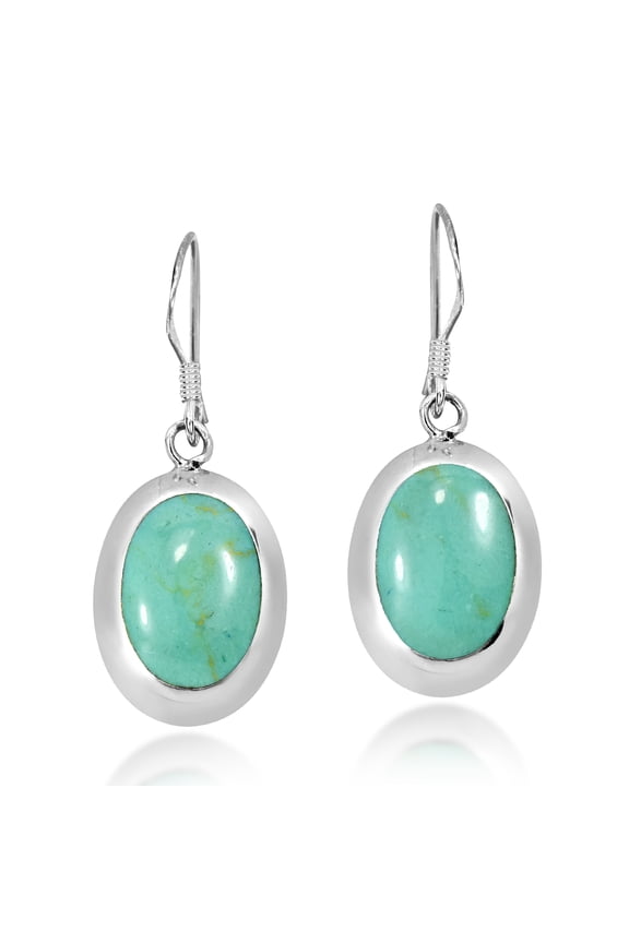 Simply Elegant Oval Shaped Green Turquoise Sterling Silver Dangle Earrings