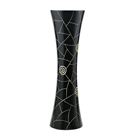 AeraVida Sleek Classy Modern Black Golden Geometric Etch Natural Mango Tree Wood Concaving Vase