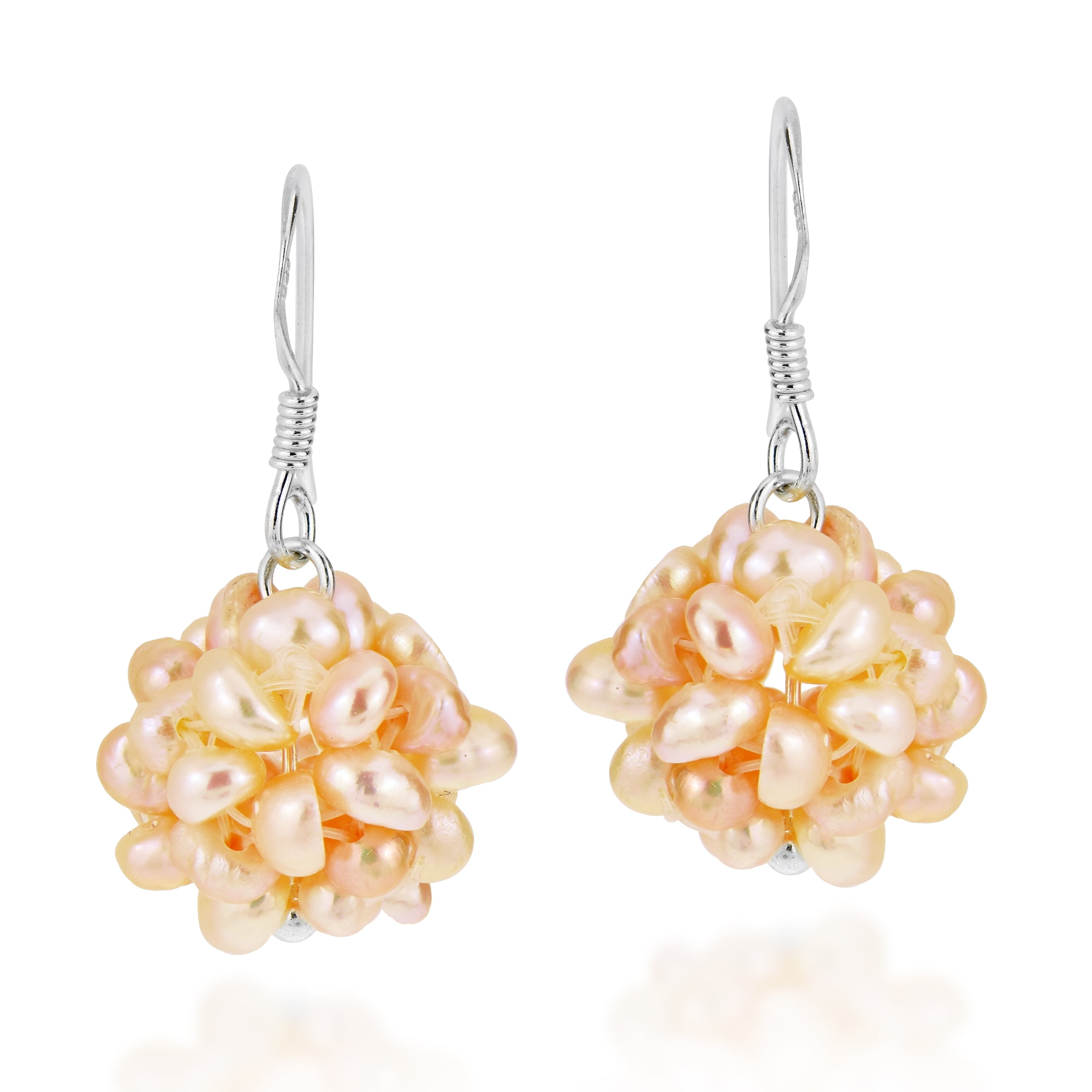 NOBRAND AeraVida Sophisticated Peach Pearl Cluster Mum Dangle Sterling Silver Earrings