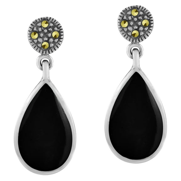 AeraVida Sophisticated Vintage Elegance Black Onyx Stone Teardrops Sterling Silver Post Drop Earrings