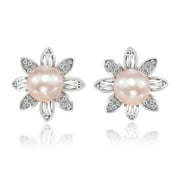 AeraVida Sparkling Sunburst Cubic Zirconia and Pink Pearls Sterling Silver Stud Earrings | Pink Blush Pearls Earrings for Women | Elegant Sun Earrings Accessories | Pearl Stud Earrings