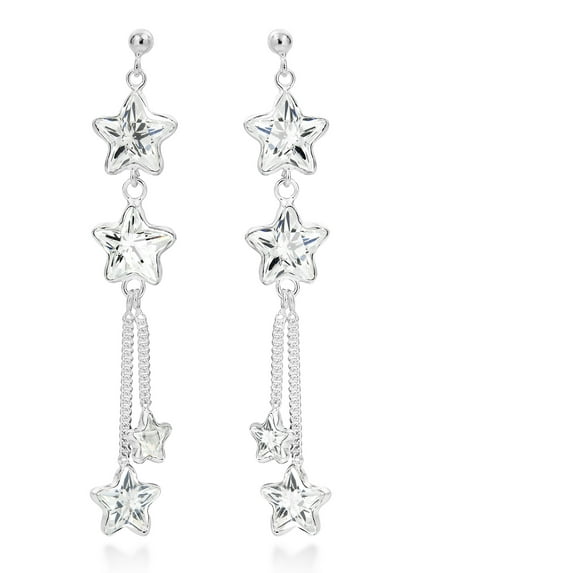 AeraVida Sparkling and Trendy Hanging Bright Stars Cubic Zirconia Sterling Silver Post Stud Chain Dangle Earrings Elegant Casual Wear Jewelry Gifts for Women