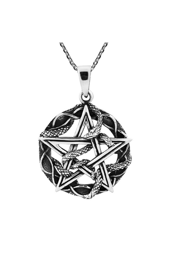 Star Pentagram and Entwined Snake Sterling Silver Unisex Pendant Necklace