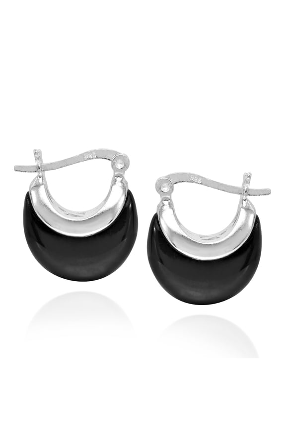 Stylish Evening Sky Crescent Moon Black Onyx Stone and Sterling Silver 16mm Huggie Style Casual Dangle Earrings Jewelry Gifts for Women