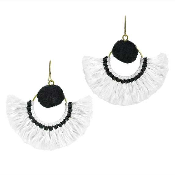 AeraVida Stylish Fan Shaped Natural Tassels with Black Accents Brass Dangle Earrings