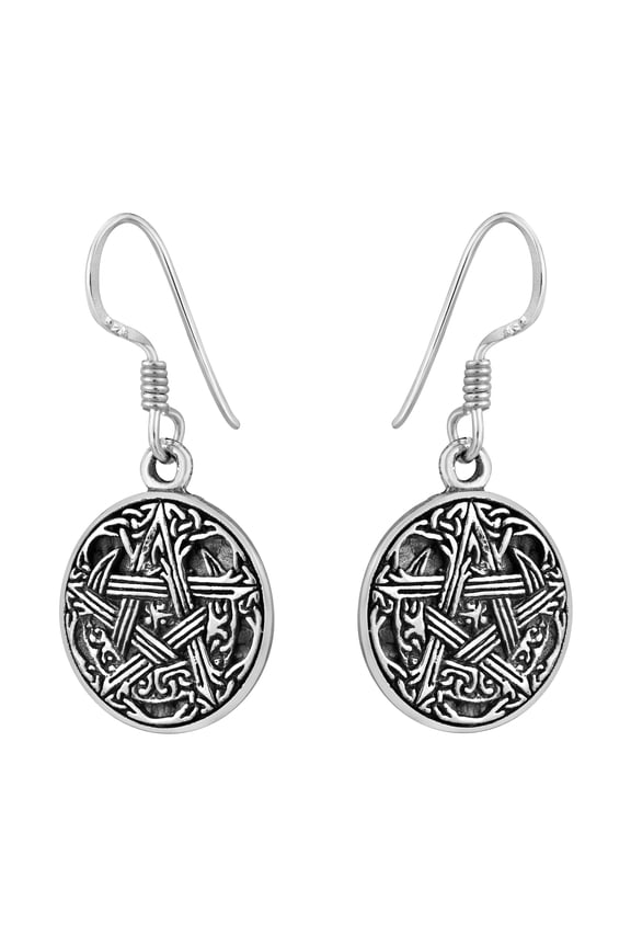 Stylish Supernatural Pentacle Celtic Art Round Sterling Silver Fish Hook Dangle Earrings Edgy Goth Inspired Unique Jewelry Gifts for Women