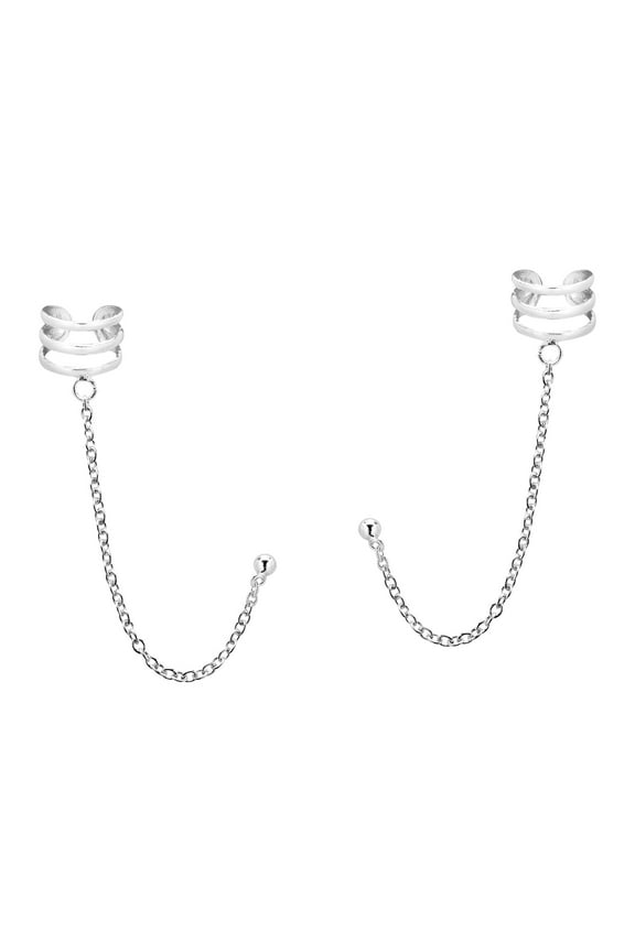 Stylish and Trendy Unique Sterling Silver Edgy Goth Culture Ear Cuff and Hanging Chain Post Stud Earrings Unisex Jewelry Gifts