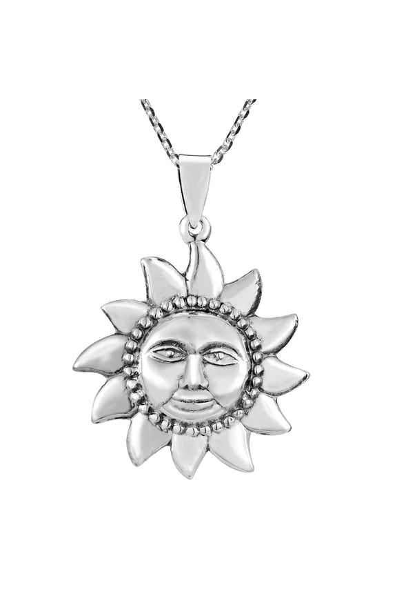 Sunshine Retro Smiling Sun 3D Sterling Silver Pendant Celestial Necklace for Female Adult