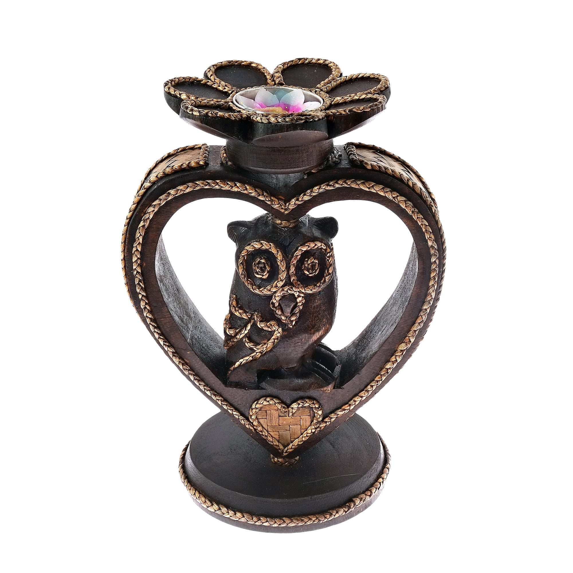 Hand-Carved Rain Tree Wood Owl Tealight Candle Holder
