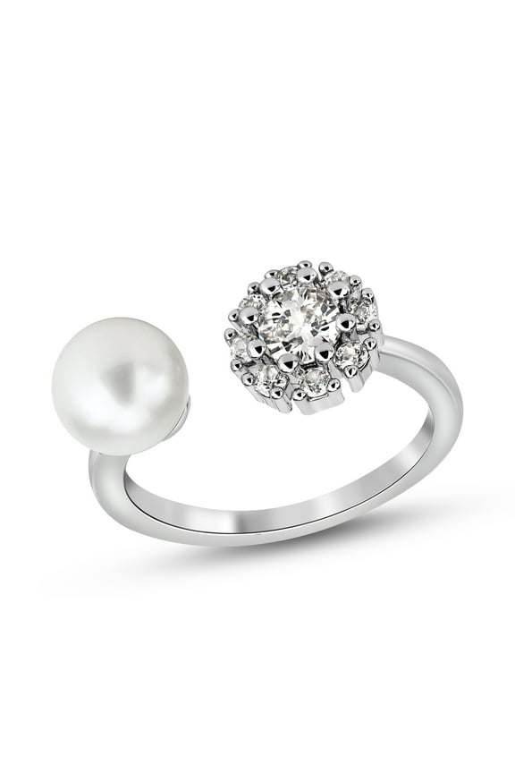 Sweet Lustrous White Pearl and Cubic Zirconia Sterling Silver Adjustable Ring for Minimalist Female Everyday Wear