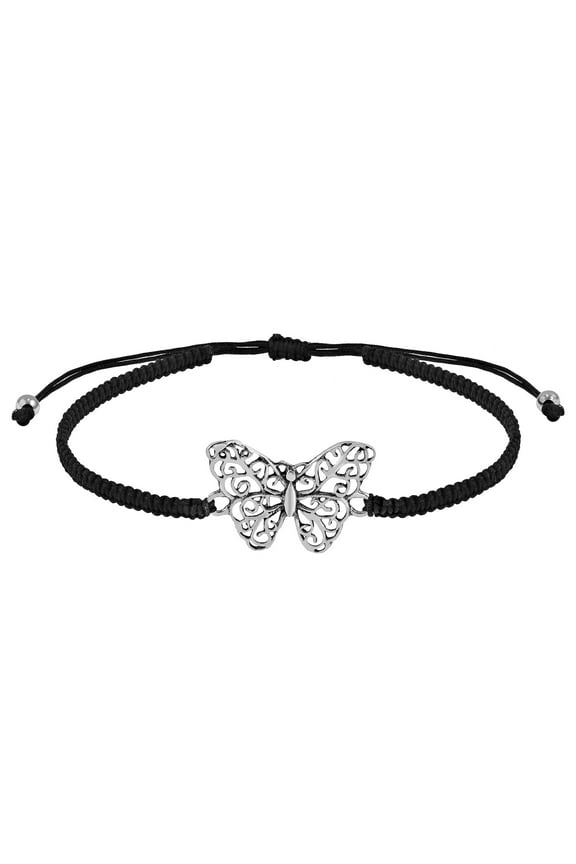 Swirling Sterling Silver Butterfly Charm on Black Rope Pull-String Bracelet