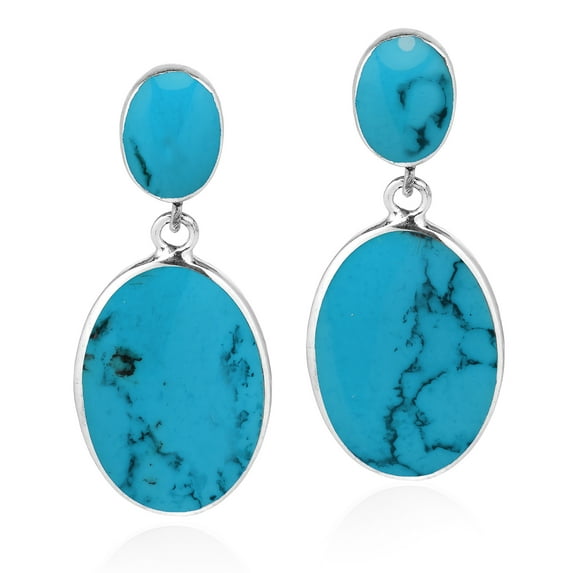 AeraVida Timeless Double Oval Blue Turquoise Sterling Silver Post Stud Drop Dangle Earrings