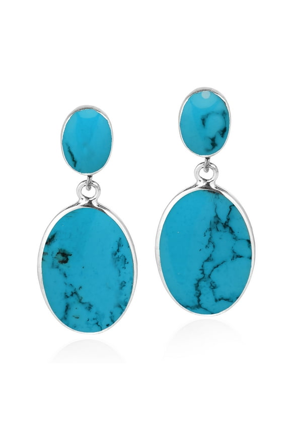 Timeless Double Oval Blue Turquoise Sterling Silver Post Stud Drop Dangle Earrings