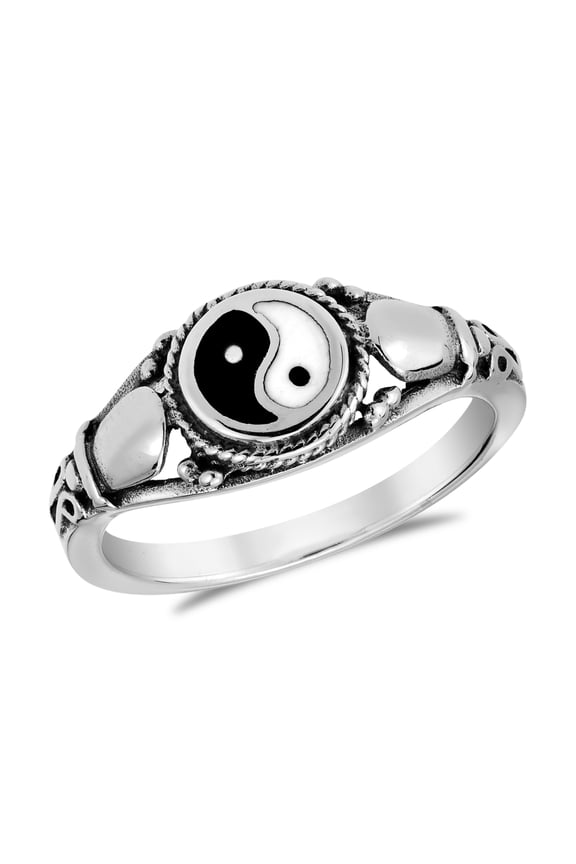 Timeless Sentimental Black and White Yin Yang Cobra Symbol Sterling Silver Ring Anniversary Jewelry Gift for Women Accessories Size-7
