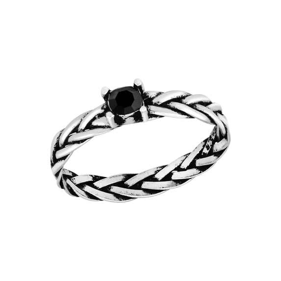 AeraVida Trendy Black Crystal Centerpiece Weave Braided .925 Sterling Silver Band Ring-8
