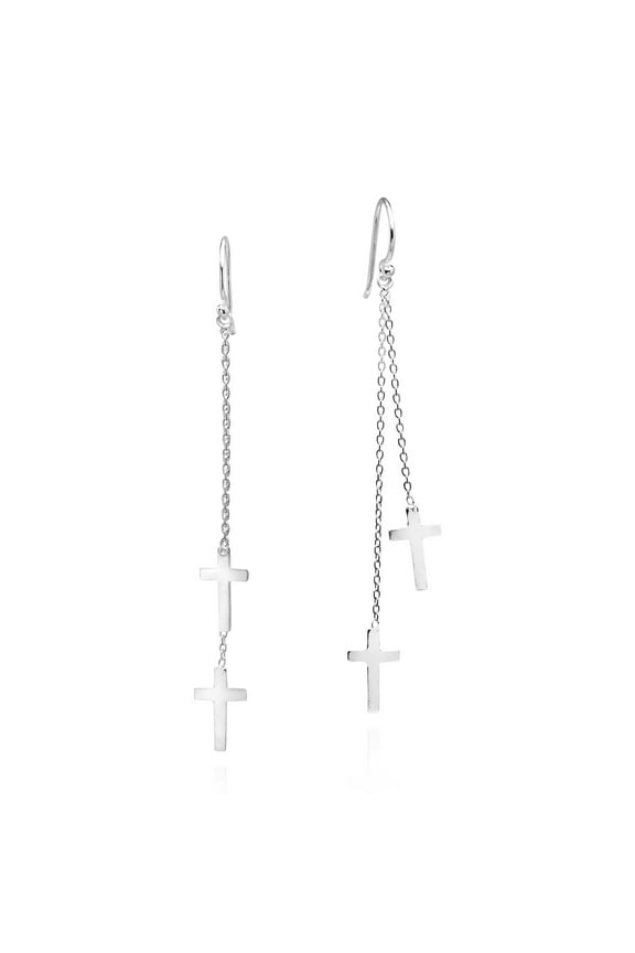 Trendy Pair of Crosses Set on Cable Chains Sterling Silver Hanging Fish Hook Dangle Earrings Religious Christian Fashion Unisex Jewelry Gifts for Adult