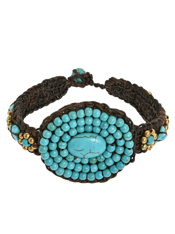 Tribal Chic Handmade Blue Turquoisse Oval Medallion with Brass Beads on Cotton Rope Toggle Clasp Bracelet Boho Chic Casual Unisex Jewelry Gifts