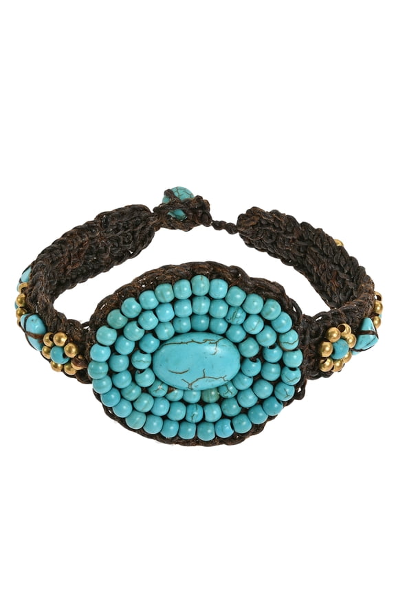 Tribal Chic Handmade Blue Turquoisse Oval Medallion with Brass Beads on Cotton Rope Toggle Clasp Bracelet Boho Chic Casual Unisex Jewelry Gifts