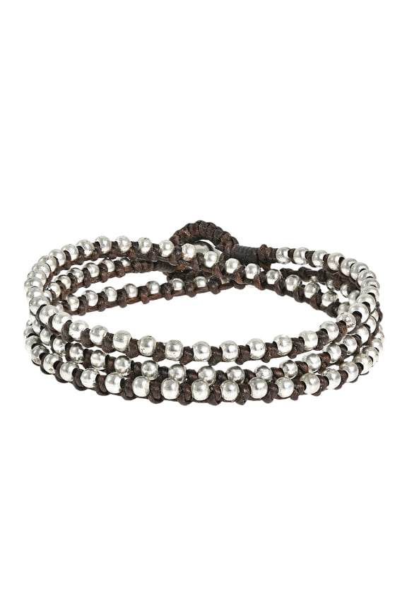 Triple Wrap Mini Fashion Silver Beads Single Strand Tan Cotton Wax Rope Bracelet