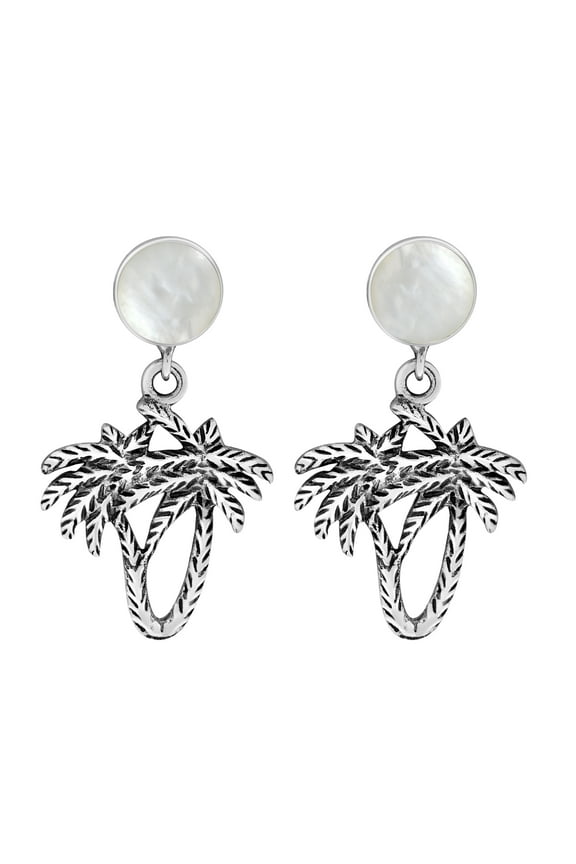 Tropical Chic Palm Trees with White Seashell .925 Sterling Silver Earrings