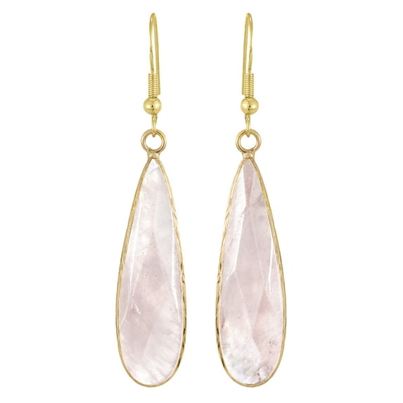 AeraVida Unique Light Pink Rose Quartz Long Teardrops Gold-Plated Silver Dangle Earrings