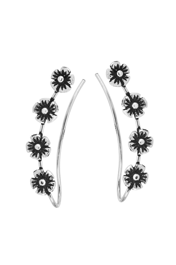 Unique Row of Flowers Sterling Silver Vine Crawler Earrings